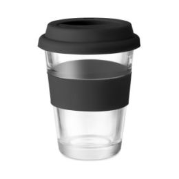 כוס שתיה מזכוכית עם מכסה סיליקון -אקו 330 מ”ל שחור